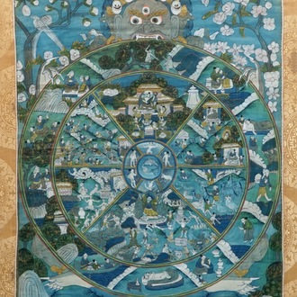 Een thangka met voorstelling de Bhavacakra, Tibet, 19/20e eeuw